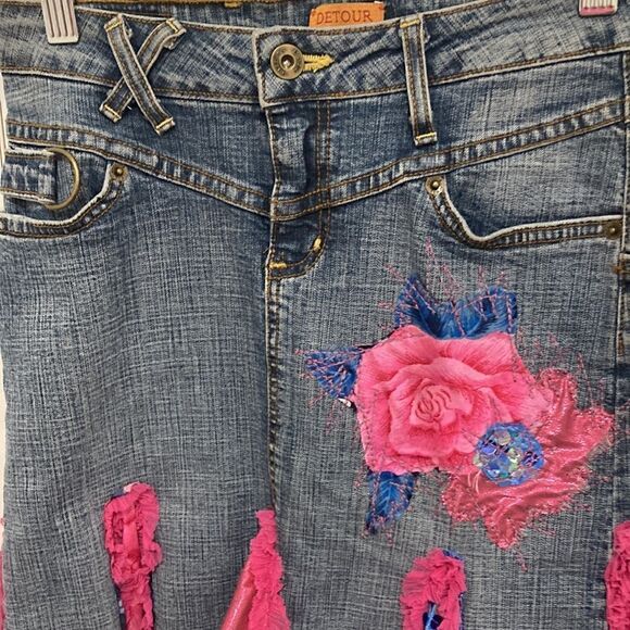 Extraordinary Denim Skirt Appliqué, inserts at hem in Pink,Floral & Blue Sequin - Picture 2 of 10